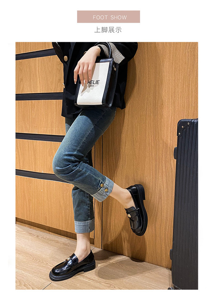 Giày lười nữ da phong cách Anh khóa xu, đế dày gót 3–5 cm, mũi tròn, size lớn — Màu Đen/lót nhung, Màu đen/lót một lớp chi tiết 12