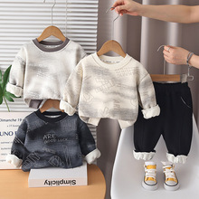 男童秋冬加绒圆领套装2025新款男宝宝冬季休闲加厚卫衣两件套批发