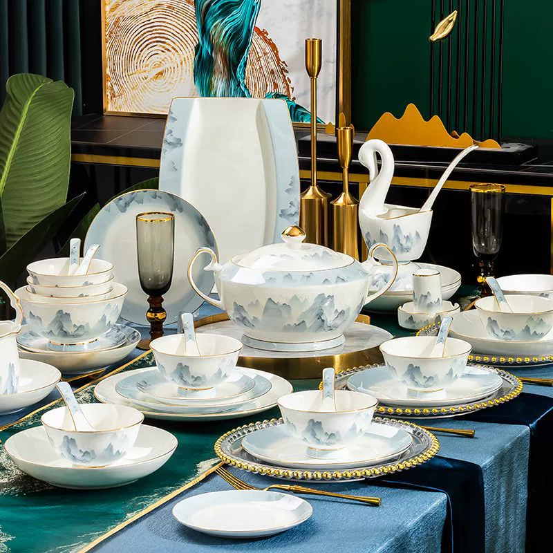 62-детальный набор мисок, тарелок и посуды Qianli Jiangshan: костяной фарфор Phnom Penh Jingdezhen домашняя посуда миска и тарелка, новоселье