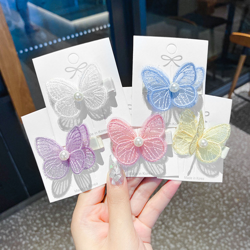 Children's double-layered pearl butterfly hairpin summer sweetheart girl cute princess baby hairpin duckbill hairpin
