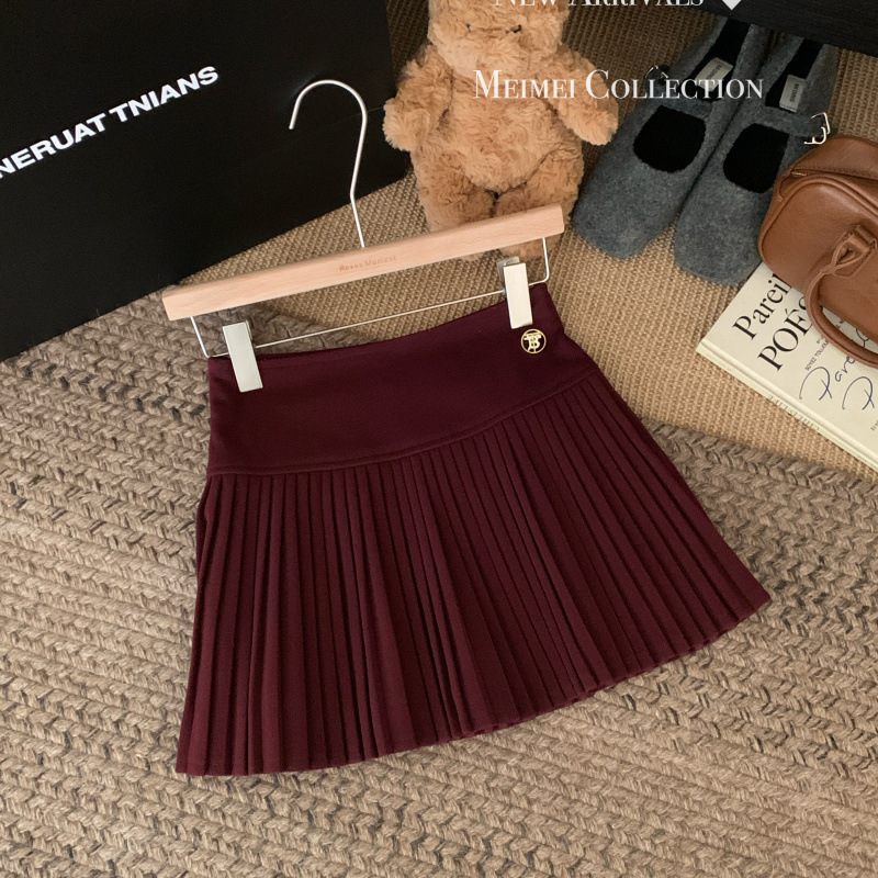 学院风高腰毛呢短裙灰色百褶裙女秋季新款显瘦百搭半身裙A字裙子