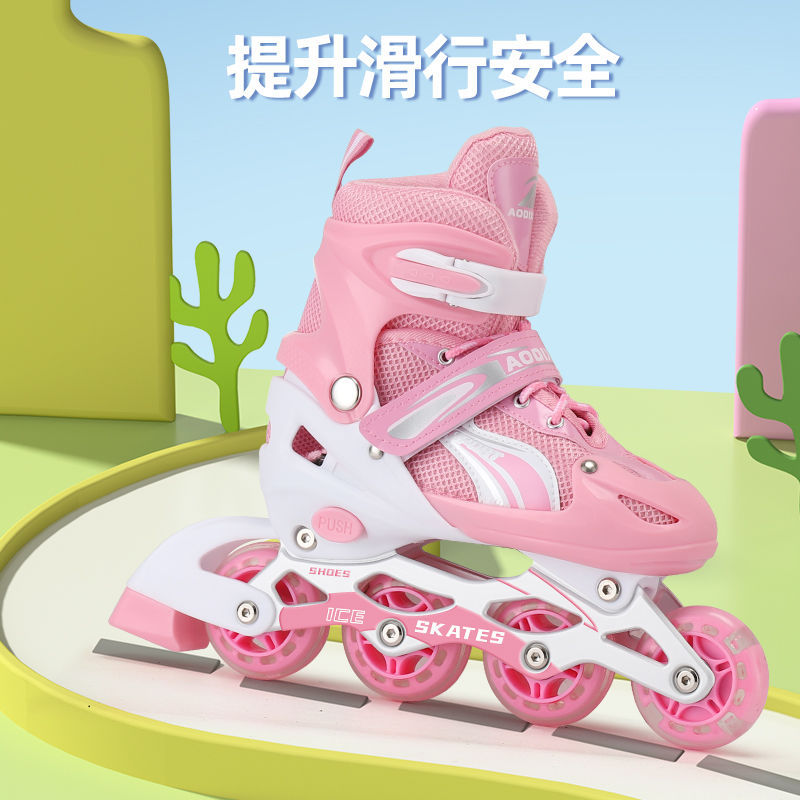 Children's Skateboard Shoes for Boys and Girls, Straight-Line Four-Wheel Single-Row Roller Skates, Adjustable Flash Skates for Beginners