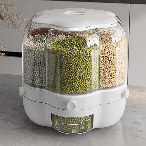 New transparent six-compartment rotating rice bucket, insect-proof and moisture-proof grain bucket, push-type metering rice bucket wholesale