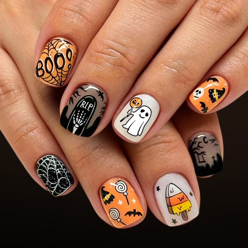 Short shiny square nails with tombstone, spider web, ghost, lollipop, witch hat, bat, glitter designs for Halloween, 24 pieces Short shiny square nails with tombstone, spider web, ghost, lollipop, witch hat, bat, glitter designs for Halloween, 24 pieces