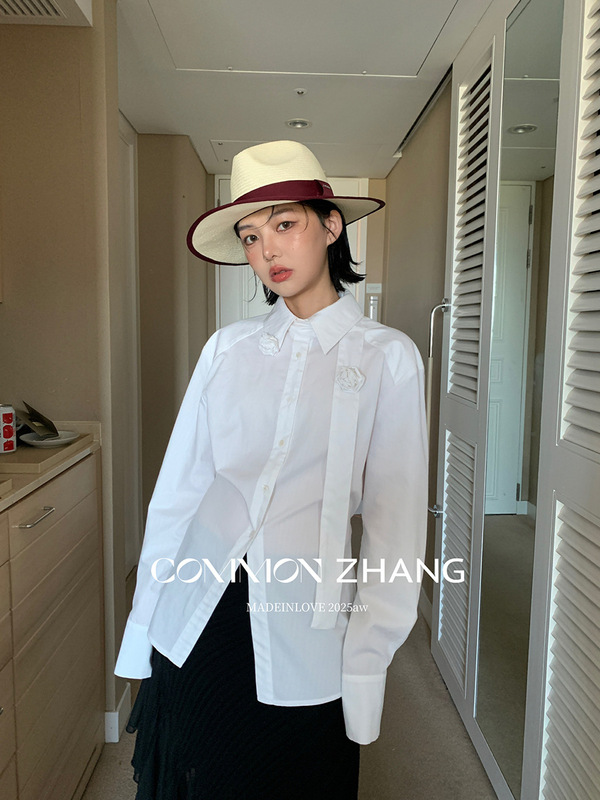 CZ ZHANG秋季法式俏皮手工花拼接系带腰扣纯色质感百搭小衫B33088|undefined