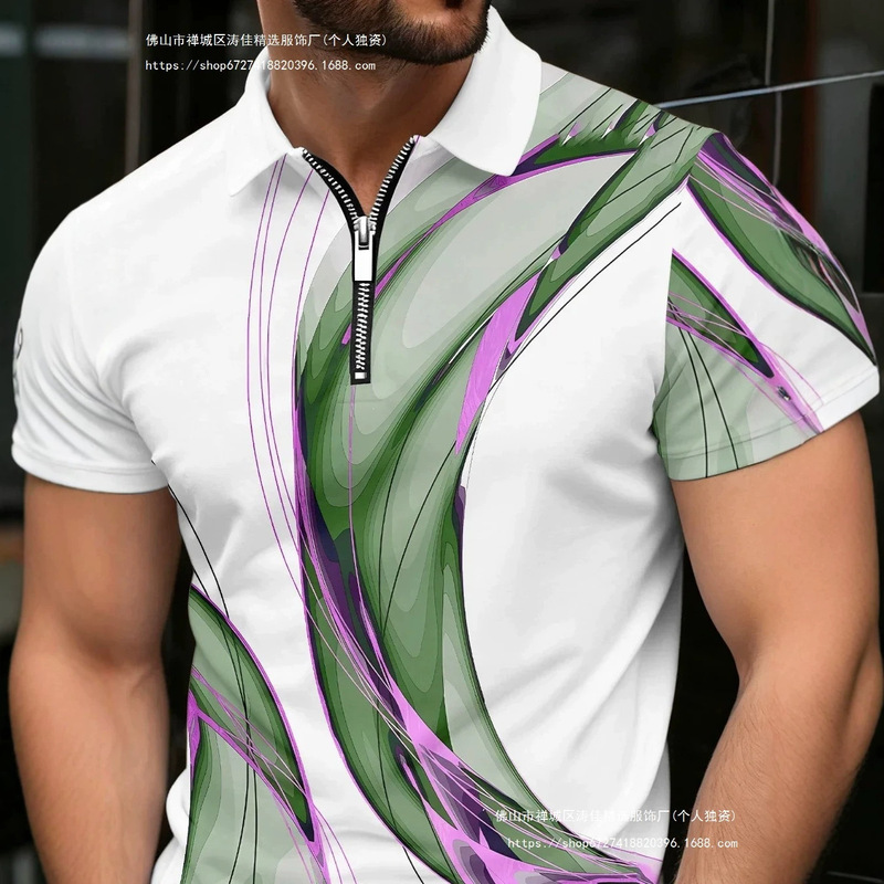 Temu Cross-Border Independent Site Tk Shein Green and Purple Streamlined Zipper Polo Factory Wholesale Direct Sales Aliexpress in Stock