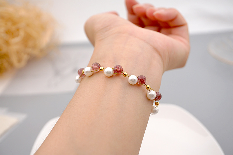 Gold Plated Plating Material Bracelets Classification 1 Piece Sweet Round Imitation Pearl Titanium Steel Beaded Women's Bracelets