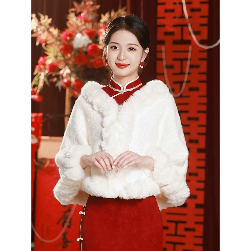 2023新款结婚披肩搭配旗袍白色外搭敬酒服新娘冬季加绒水貂绒保暖