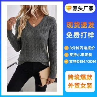 2026秋季新款女装时尚V领麻花针织衫冬季女式毛衣外套欧美跨境