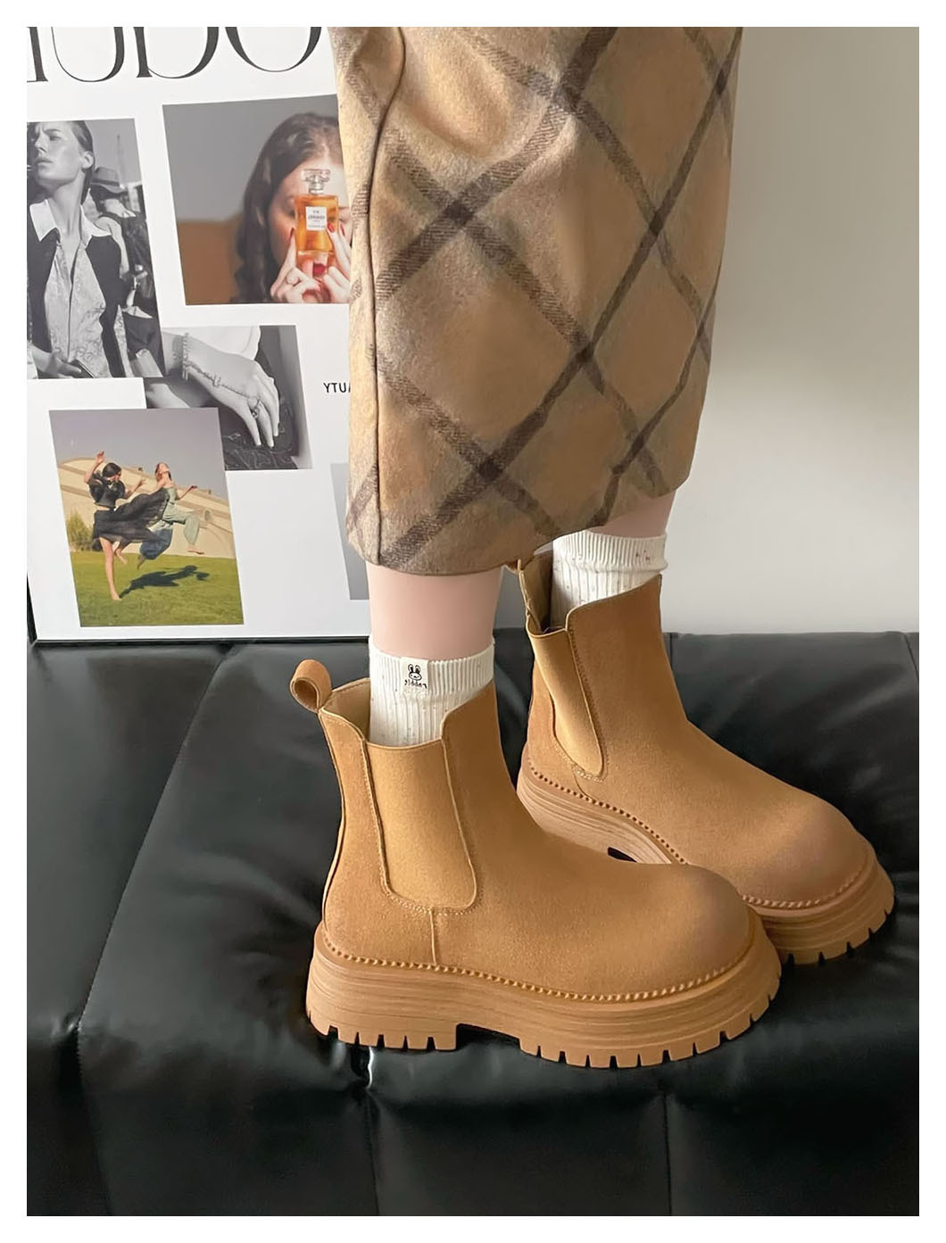 Retro all-in-one platform booties Women's new ankle boots with thick heel elastic sanded leather boots_voghion.com