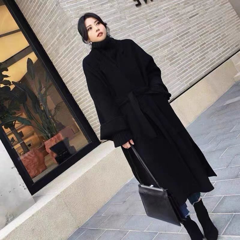 双面羊绒大衣女中长款宽松韩国手工系带羊毛大衣加厚毛呢外套|undefined