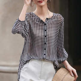 2026春季复古格纹雪纺印花衬衫前短后长气质优雅橡筋袖衬衣女上衣