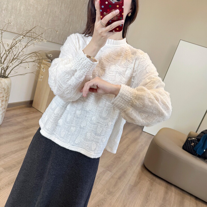 Zedaijiayi Bubble Gauze Cream Base Layer! French-Style Pleated Collar, Lantern Sleeves, Dreamy Soft Gauze Layered Lace Blouse