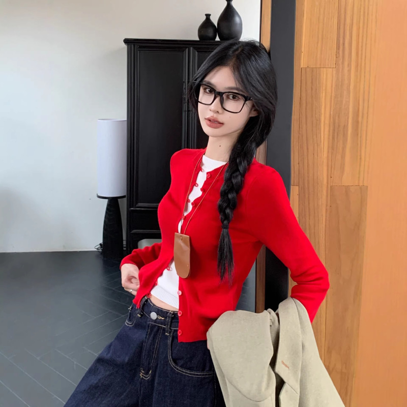 Fake Two-Piece Red Long-Sleeve Knit Sweater for Women, Spring Korean Style Slim-Fit Slimming Base Sweater, Short Top Fake Two-Piece Red Long-Sleeve Knit Sweater for Women, Spring Korean Style Slim-Fit Slimming Base Sweater, Short Top