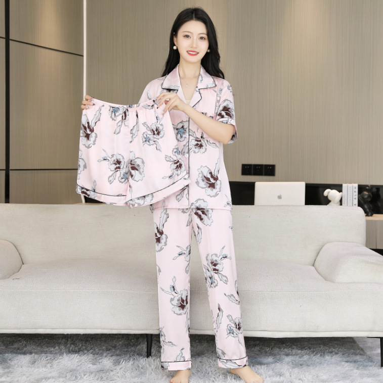 2025 nuevo estilo pijama mujer verano hielo seda fina solapa pantalones de manga corta traje de tres piezas se puede usar en el exterior