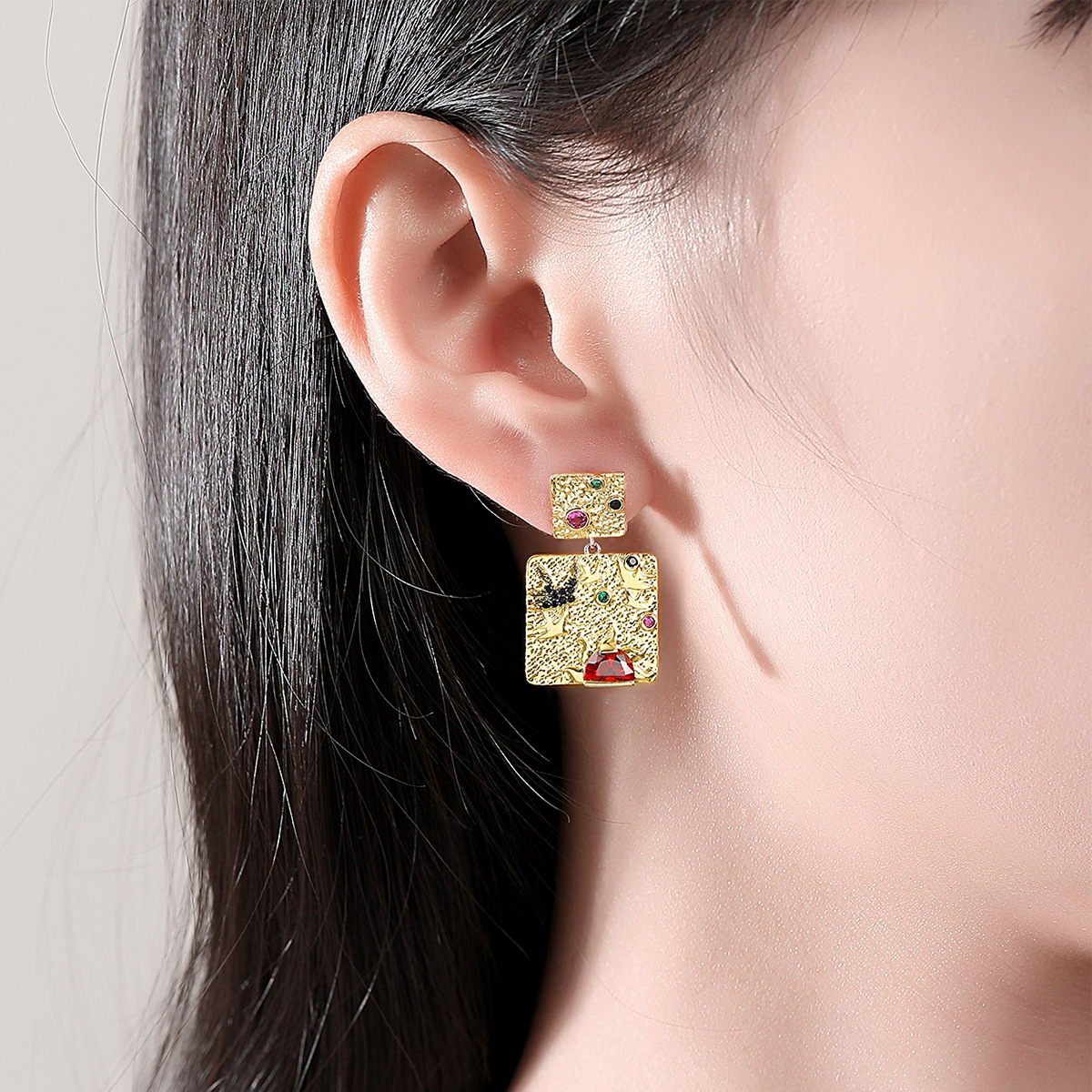 retro design brass geometric square fashionable elegant earrings…