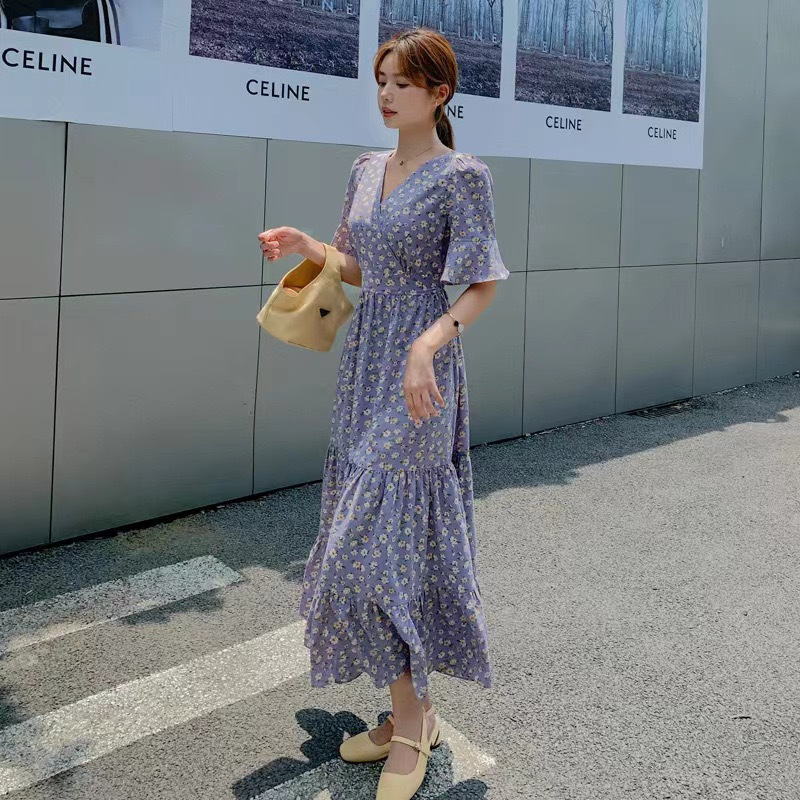 Floral dress Women's Cross-border Printed Summer Dress Elegant White Dress V-neck Bohemian Beach Dress