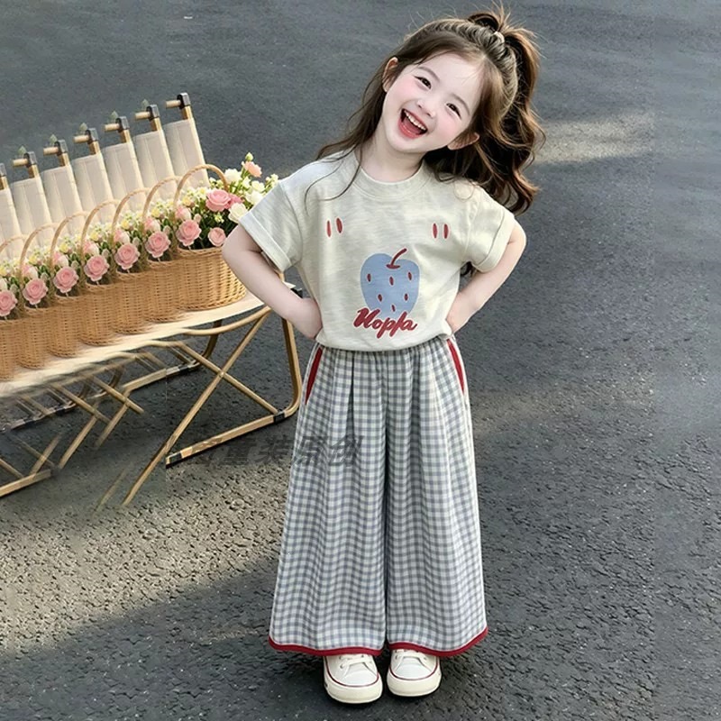 夏季女童苹果印花短袖格子裤两件套韩版慵懒风新款女宝宝儿童套装