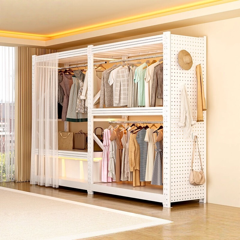 Simple Assembly Open-Style Home Bedroom Storage Rack, Steel Pegboard, Metal Angle Steel Clothes Rack