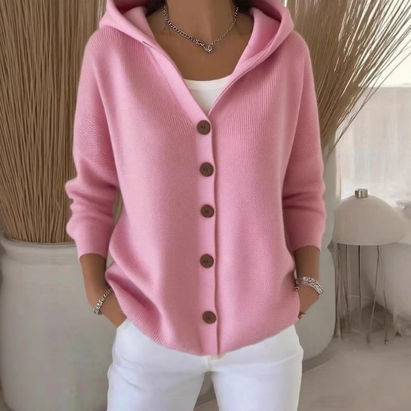 2025 European and American Style Button Knit Hooded Sweater Cardigan Jacket Autumn and Winter New Cross-Border Solid Color Casual Fashion Women's Clothing