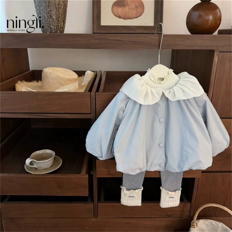[Lingli] Original Design! Baby Girl's Stylish Lotus Leaf Large Lapel Windbreaker Jacket Lace Leggings Suit