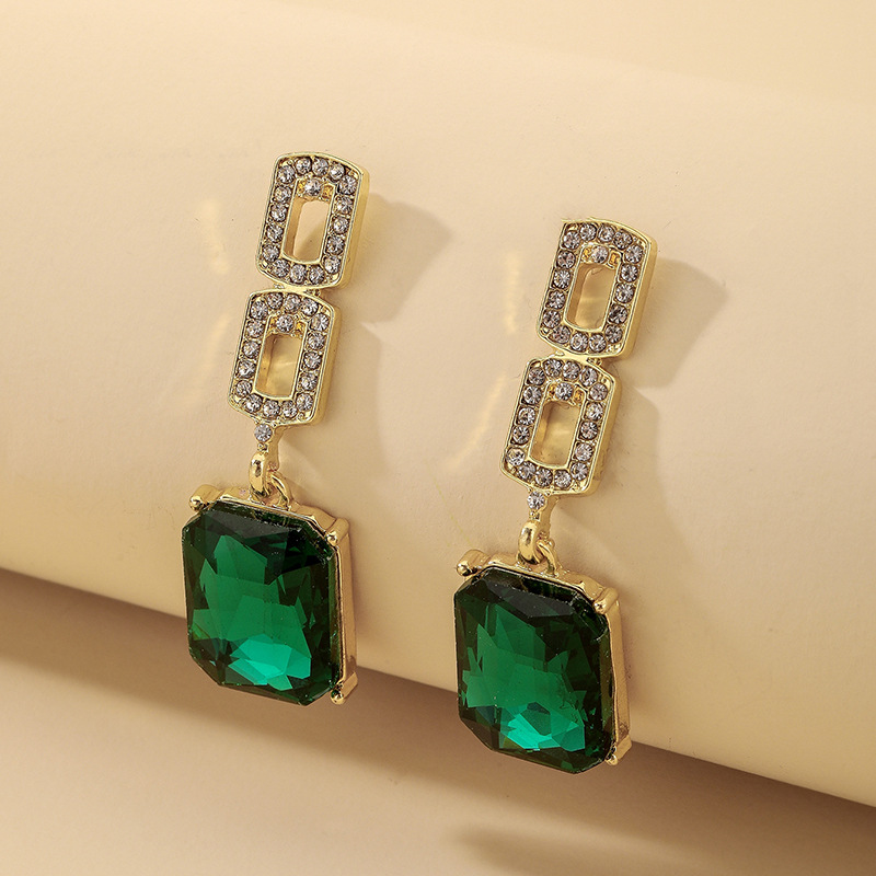 925 Silver Needle Fashion Retro Emerald Geometric Rhinestone Earrings European And American Niche Temperament Earrings display picture 3