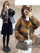 自留！绝美格子苏力羊毛外套圆领短廓形手缝双面羊毛大衣G110525