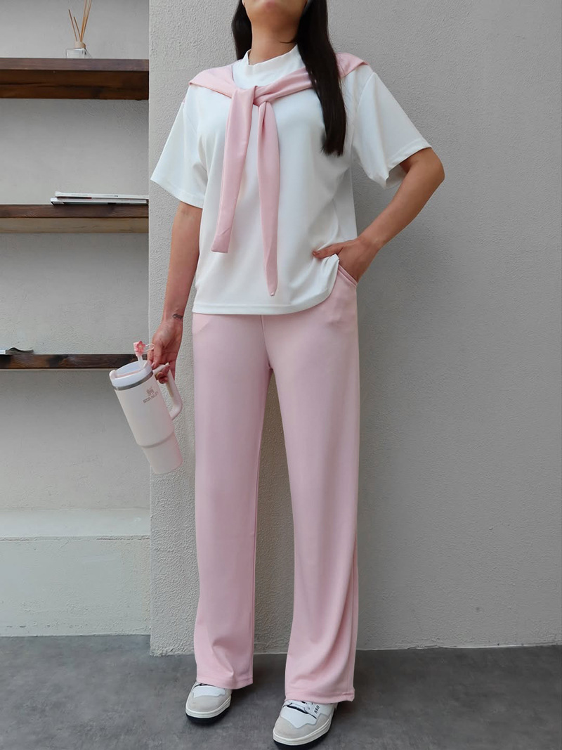 Women's Clothing Women's Faux Wrap Short Sleeve Top And Straight Leg Pants Set Patchwork White Round Neck Summer Fashion Casual Outfit_ecoleips.com