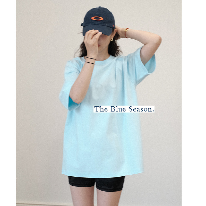 Blue Original Quality Candy Pure Color Long-Staple Cotton Simple Round Neck Men's and Women's Loose European and American Street Short-Sleeved T-Shirts