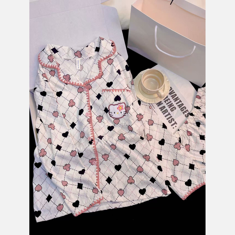 睡衣女款长袖长裤带胸垫春秋季2025年新款卡通可爱翻领家居服套装|undefined