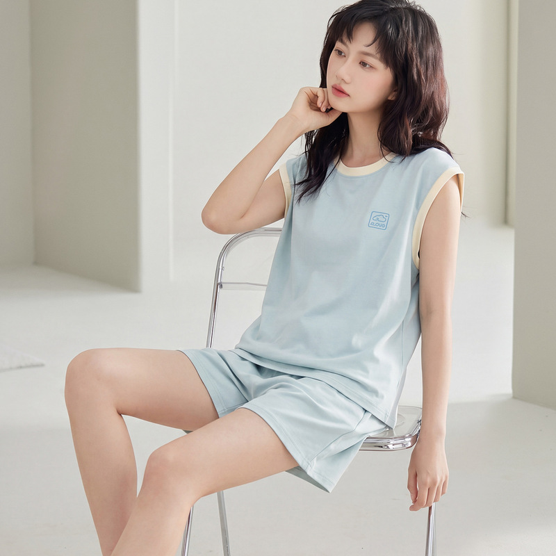 100% Pure Cotton Women's Summer Thin Sleeveless Shorts Two-Piece Set Casual Sports Wear with Chest Pads Women's Loungewear 100% Pure Cotton Women's Summer Thin Sleeveless Shorts Two-Piece Set Casual Sports Wear with Chest Pads Women's Loungewear
