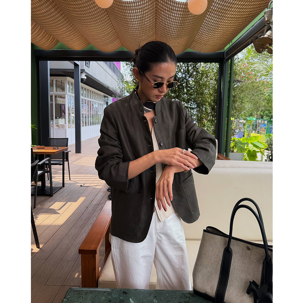 EVERTRUE 2026 Women's Autumn New and Old Money Long-Sleeved Suit, Simple Linen Loose Coat 61958