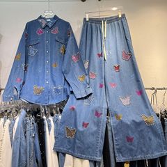 欧美风大码显瘦衬衣上衣2025秋季高级感重工烫钻彩钻蝴蝶钉钻长裤