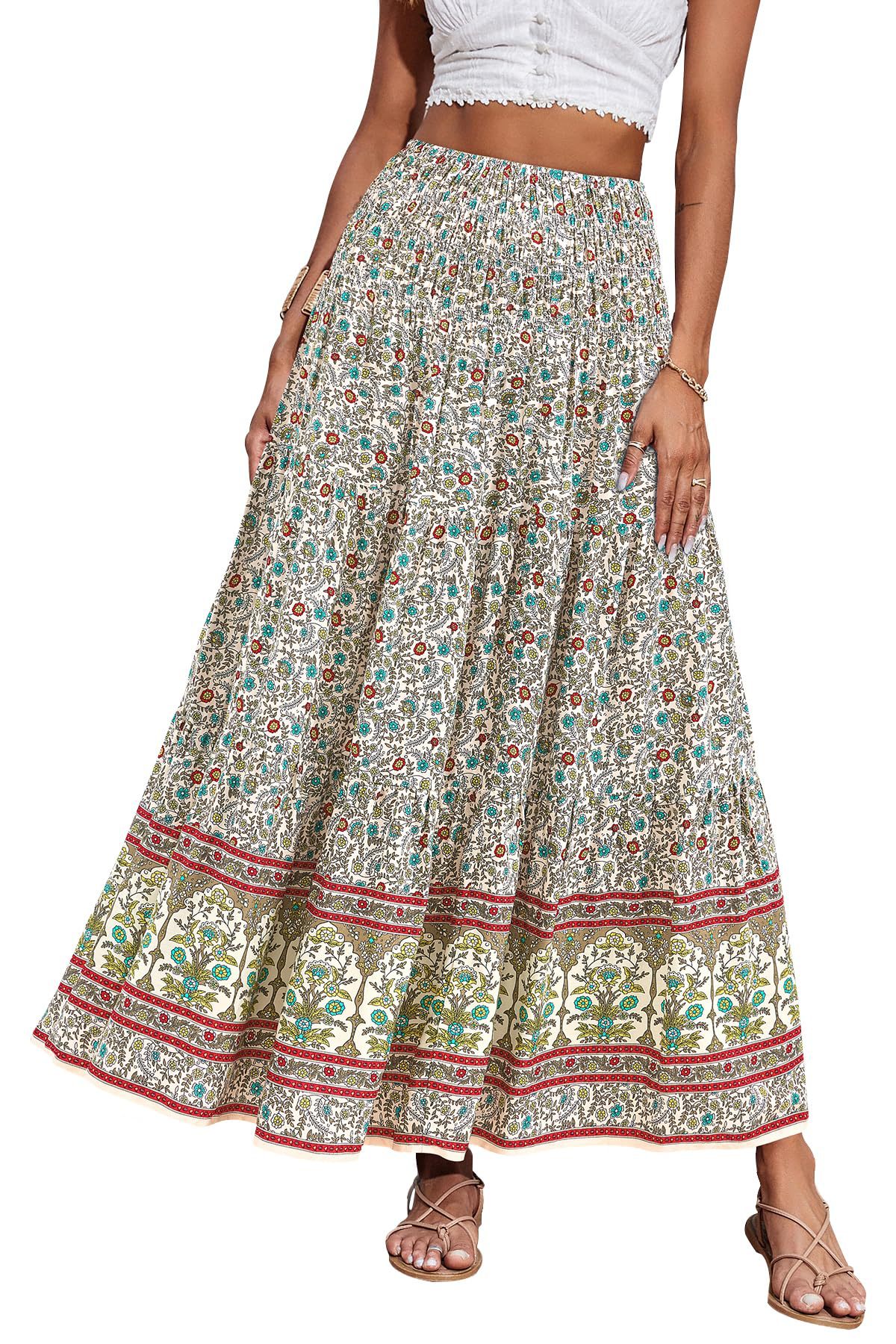 New European And American Printed Flared Bohemian Casual High-waisted Long Skirt, Beach Skirt For Women_ecoleips.com
