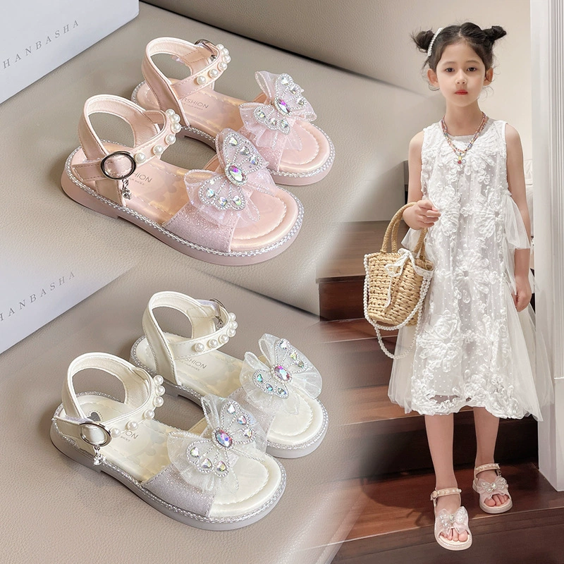 Новинка лета 2024, сандалии для девочек, туфли принцессы с бантом и стразами, детская танцевальная обувь для детей среднего и большого размера с жемчугом