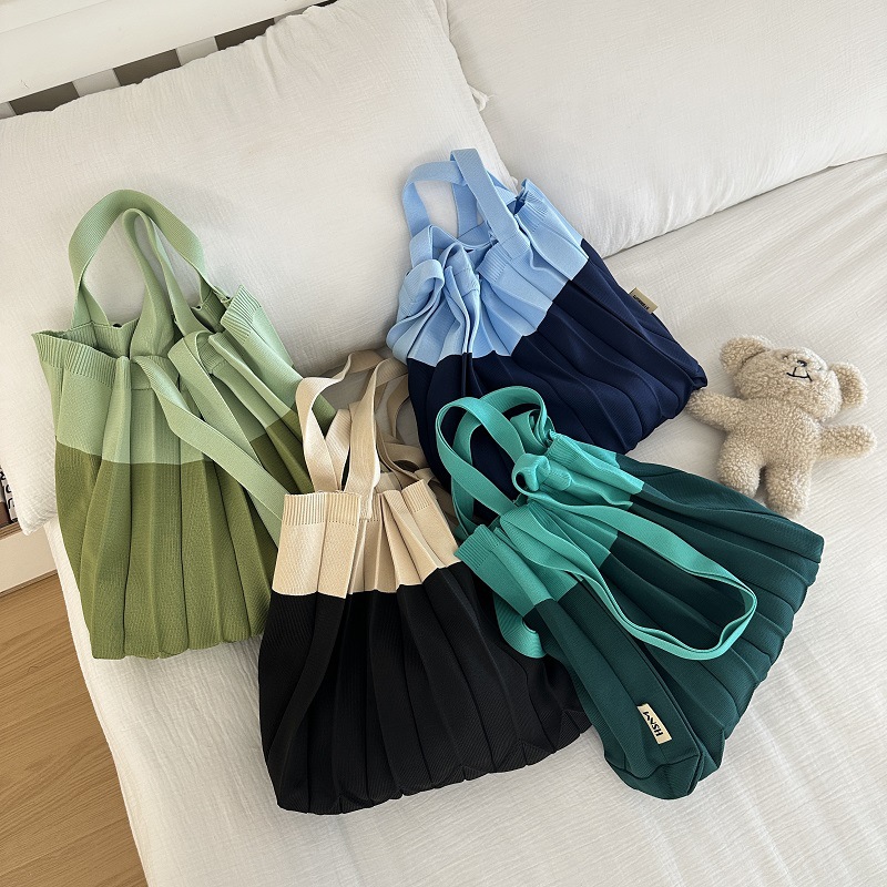 South Korea Ins Stitching Contrast Foldable Knitted Shoulder Bag Folded Bag Eco-Friendly Shopping Bag Chic Women's Bag