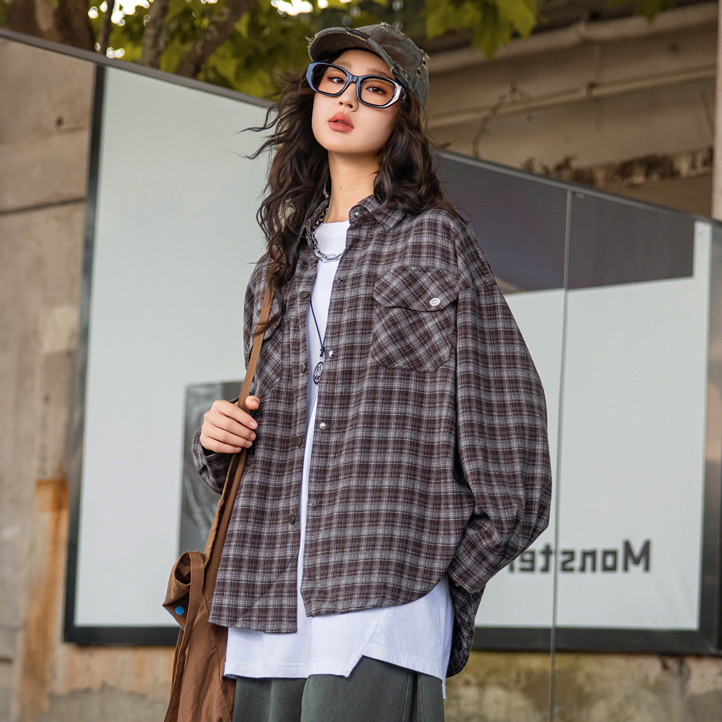 7958初中生复古格子衬衫少女春秋新款高中学生大童宽松慵懒风上衣