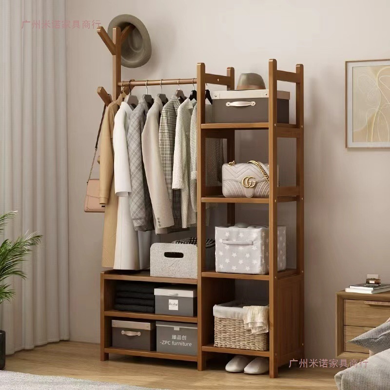 Coat Rack for Home Use with Storage Cabinet, New Chinese Style Floor-Standing Bedroom Simple Bamboo Rattan Thickened Clothes Rack Room Storage Rack