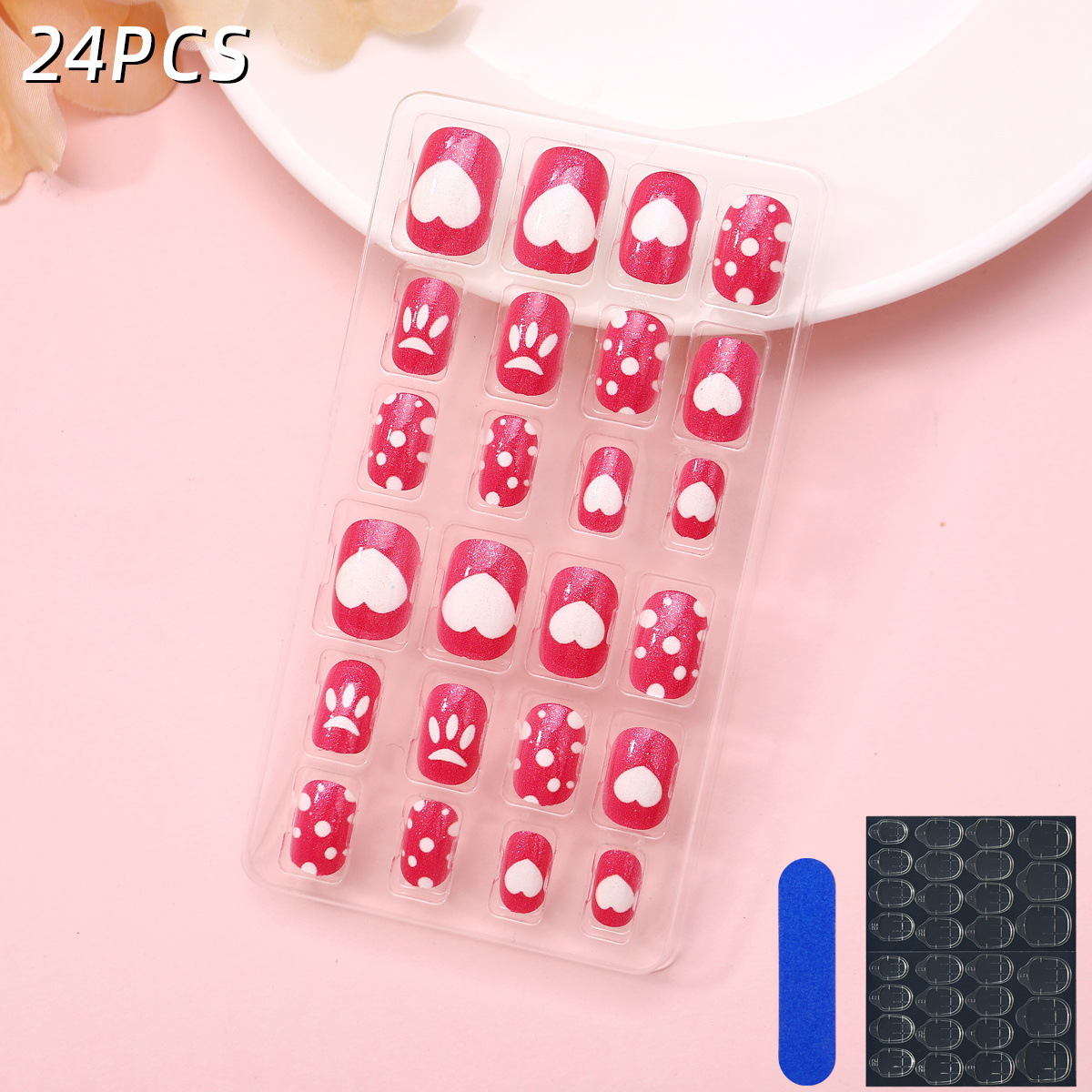 Juego de 24 piezas de uñas postizas para niños con diseño de dibujos animados, desmontables con adhesivo y exquisito diseño.