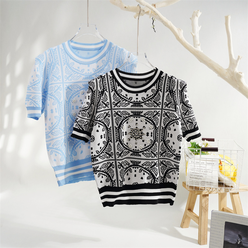 Spring and summer fashion retro bottoming top European-made heavy-duty nail bead round neck pullover age-reducing short sleeve sweater women's fashion