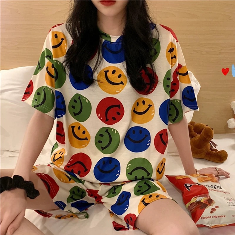 Pijamas de verano de las mujeres más el tamaño ins moda lindo pantalones cortos de manga corta estudiante de verano Delgado desgaste del hogar traje de dos piezas