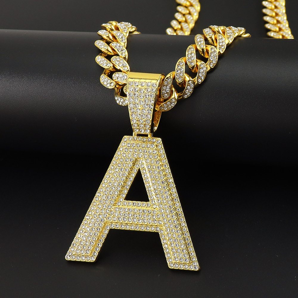 33g Weight Full Diamond Capital English Letter A Pendant Cuban Link Chain Necklace Men's Cool Hip Hop Style Disco Hip Hop Clavicle Chain
