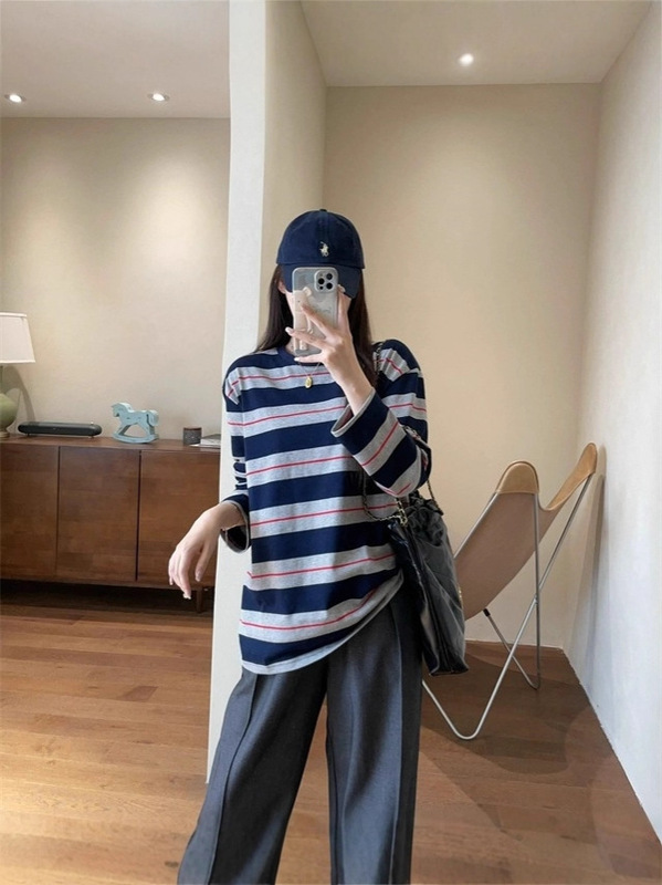 时髦纸片人棉质宽松百搭条纹圆领长袖T恤女秋季显瘦中长款打底衫|undefined