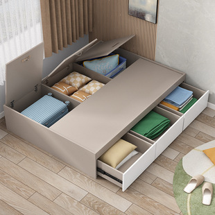 Modern Simple Solid Wood Bed Board High Box Tatami Storage Bed Small Room Space-Saving 1.2m Row Frame Bed