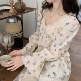 韩国秋新品甜美宫廷蕾丝碎花纯棉公主风宽松长袖睡裙家居服睡衣女