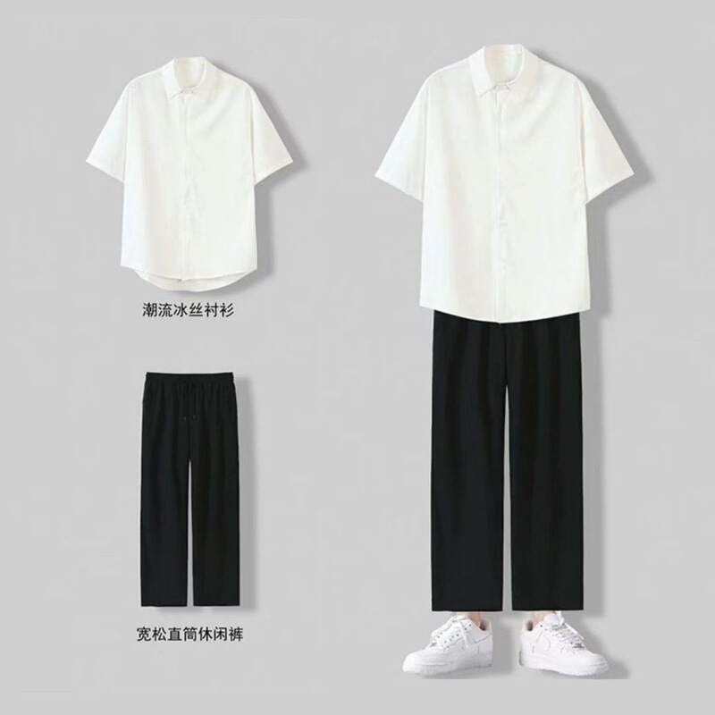 Ice Silk Short-Sleeved Shirt for Men, Trendy Korean Style, Simple Color Combination, Paired with a Set of Dress Pants, Cool and Casual Outfit