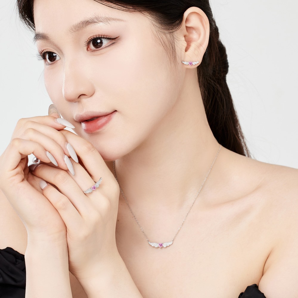 Women's Gender Plating Design 925 Sterling Silver Zircon Cable Chain Plating Heart Shape Wings Pendant Necklace