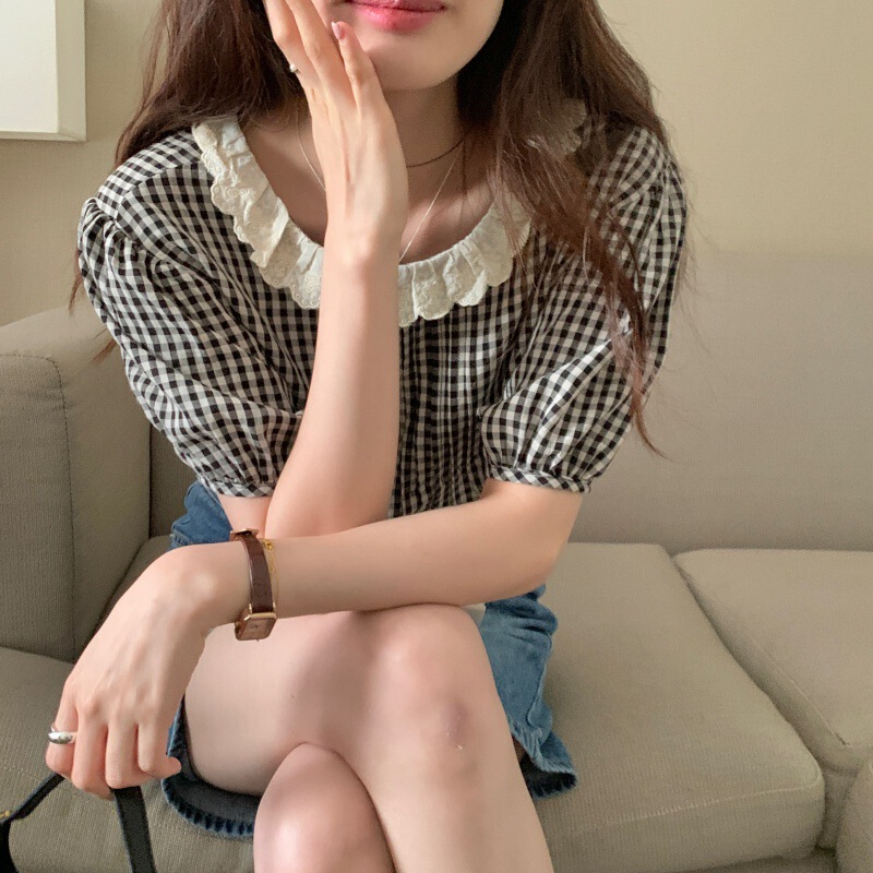 French Sweet Llace Collar Stitching Plaid Shirt Women's Back Single-Breasted Bubble Sleeve Doll Shirt Top
