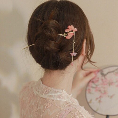 New Chinese style ginkgo leaf tassel hairpin for women, high-end ball headband hairpin, simple hairpin and headwear