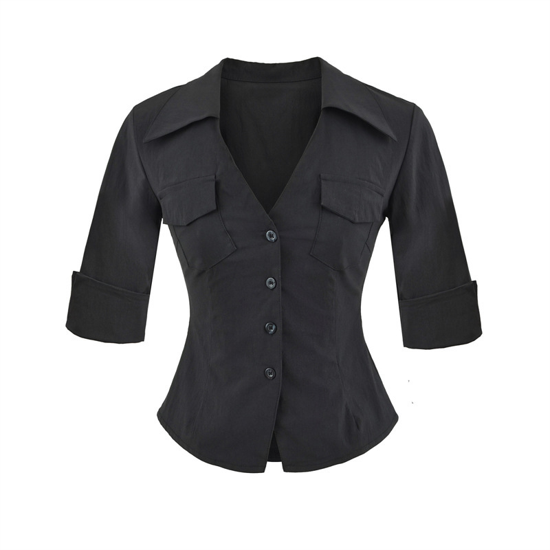 Pure Black Spring Mid-Sleeve Shirt for Women with Deep V-Neck, Single-Breasted, Slim-Fit, Waist-Cinching, Ruffled Short Cardigan Top Pure Black Spring Mid-Sleeve Shirt for Women with Deep V-Neck, Single-Breasted, Slim-Fit, Waist-Cinching, Ruffled Short Cardigan Top